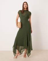 Threadbare long sleeve midi dress with poplin skirt in khaki