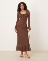 ASOS DESIGN maxi shirt dress with cinched waist detail in chocolate and navy gingham