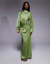 Threadbare long sleeve midi dress with poplin skirt in khaki