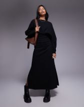 Threadbare long sleeve midi dress with poplin skirt in khaki