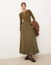 Threadbare long sleeve midi dress with poplin skirt in khaki