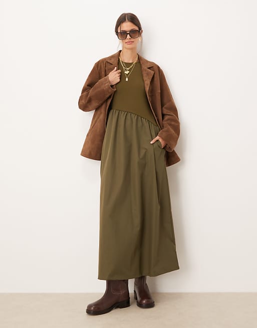 Threadbare long sleeve midi dress with poplin skirt in khaki