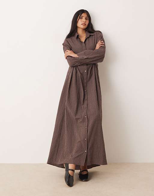 ASOS DESIGN maxi shirt dress with cinched waist detail in chocolate and navy gingham