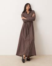 Threadbare long sleeve midi dress with poplin skirt in khaki