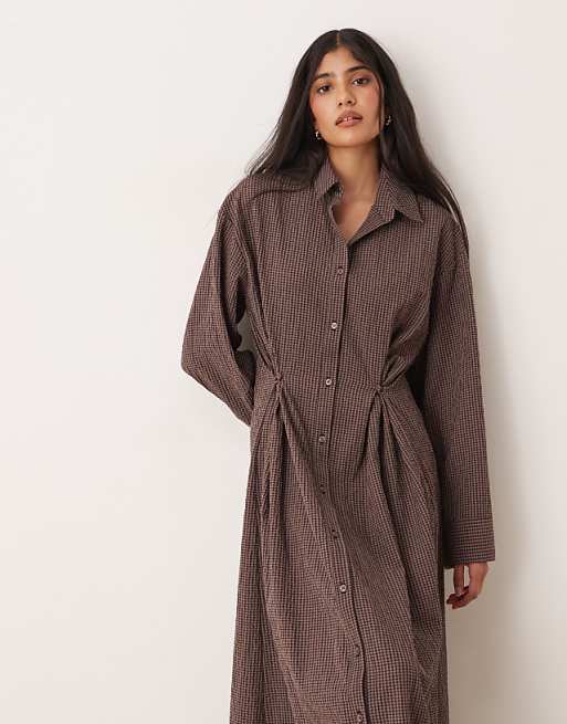 ASOS DESIGN maxi shirt dress with cinched waist detail in chocolate and navy gingham