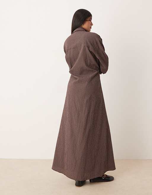 ASOS DESIGN maxi shirt dress with cinched waist detail in chocolate and navy gingham