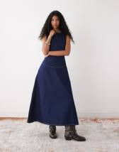 Topshop denim godet seamed midaxi dress in rich blue