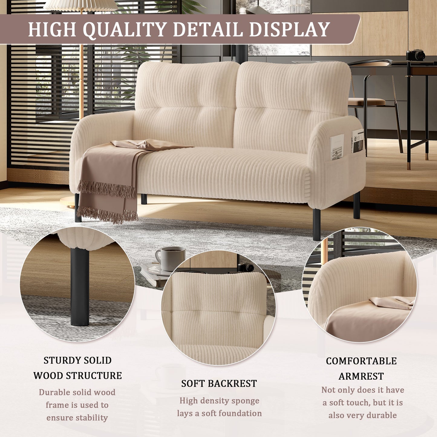 Walmart 47" Small Loveseat Sofa Couch for Small Spaces,Corduroy Upholstered 2-Seater Love Seats for Apartment, Bedroom,Office,Beige