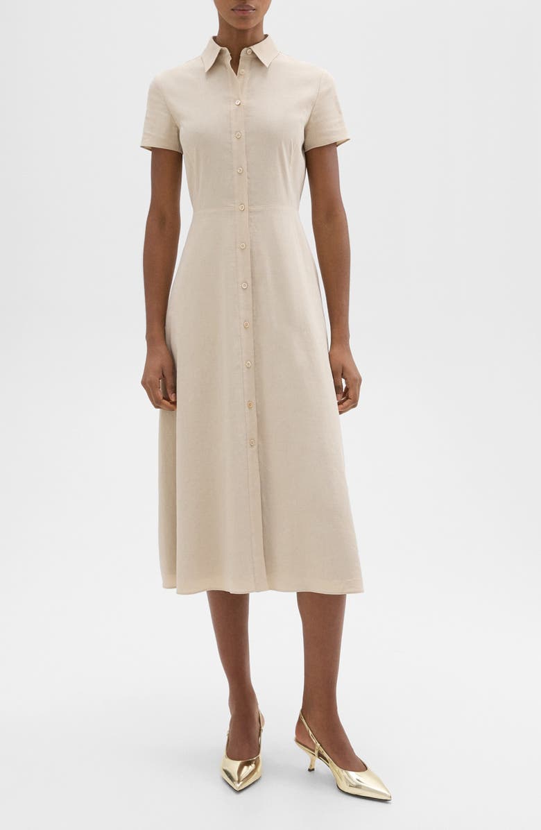Theory Short Sleeve Linen Blend Midi Shirtdress