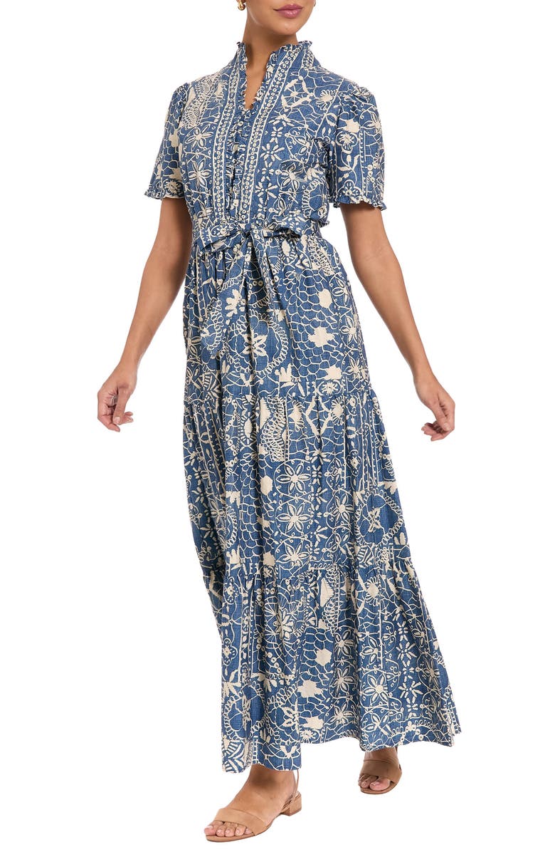 London Times Ruffle Tiered Tie Waist Maxi Dress