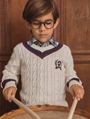 Kids Cable Knit Varsity Sweater - Campus Cuties - white