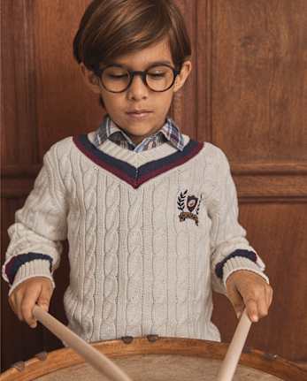 Kids Cable Knit Varsity Sweater - Campus Cuties - white