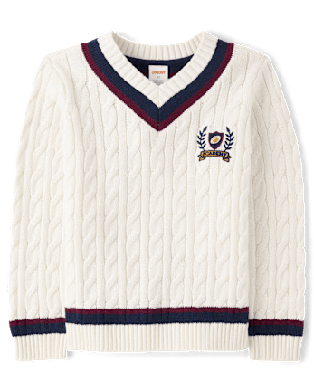 Kids Cable Knit Varsity Sweater - Campus Cuties - white
