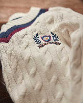 Kids Cable Knit Varsity Sweater - Campus Cuties - white