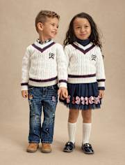 Kids Cable Knit Varsity Sweater - Campus Cuties - white