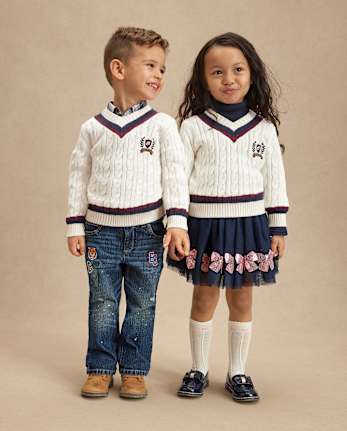 Kids Cable Knit Varsity Sweater - Campus Cuties - white