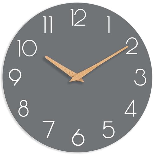 Clip coupon - Wall Clock, Gray Wooden Silent Non-Ticking, Decorative Battery Operated Wall Clocks for Bedroom, Kitchen, Home, Living Room, Office, School, Hotel (8 Inch)