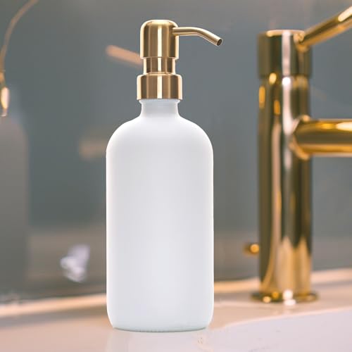 Soap Dispenser White Glass Hand Dish Soap Dispensers 1pcs Stainless Steel Pump 16 Oz for Kitchen Sink Countertop Bathroom