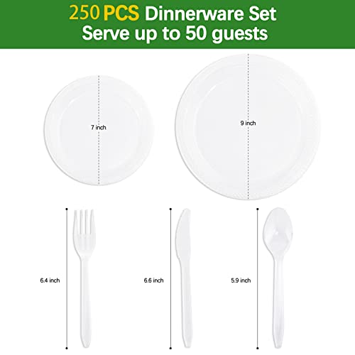 LUODA MirthMood 250Pcs Clear Disposable Plates, Clear Dinnerware Set for Party including 50pcs 9inch Dinner Plates, 50pcs 7inch Salad Plates and 50 Sets of Clear Plastic Silverware