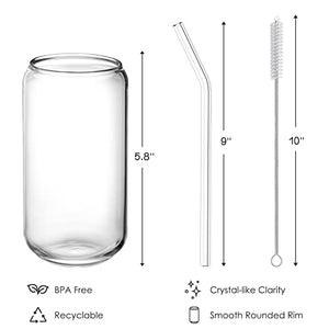 NETANY Drinking Glasses with Glass Straw 4pcs Set - 16oz Can Shaped Glass Cups for Beer, Iced Coffee, Tumbler Cup for Whiskey, Soda, Tea, Water, Gift - 2 Cleaning Brushes