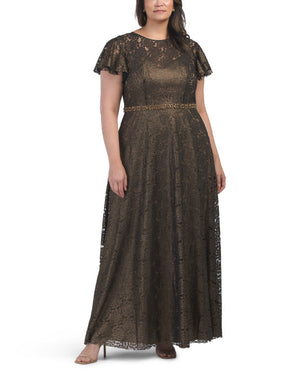 Plus Lace Bead Belted Gown