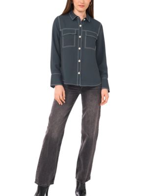 Macy's Vince CamutoWomen's Contrast Stitch Button Front Collared Top