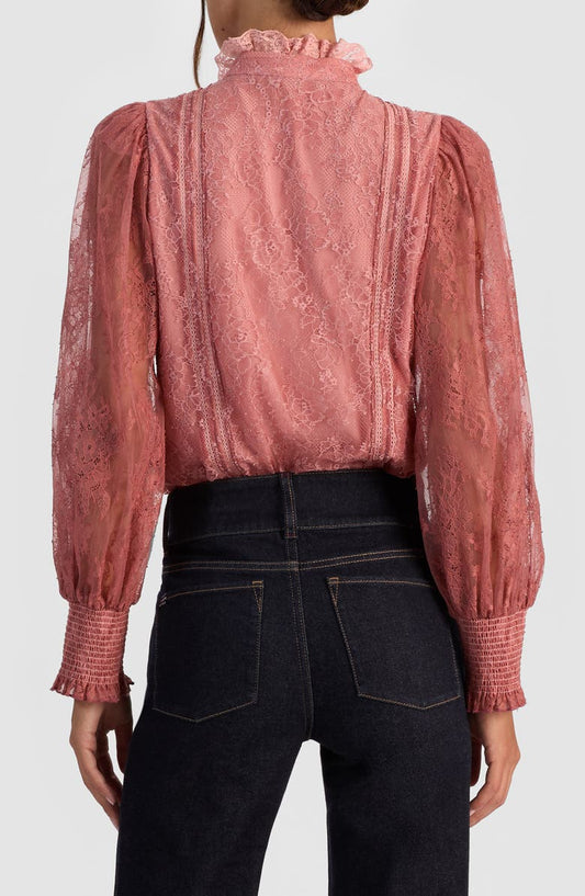 Alice + Olivia Eugenia Lace High Neck Button-Up Shirt