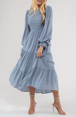 AUGUST SKY Smocked Long Sleeve Tiered Dress, Alternate, color, Chambray