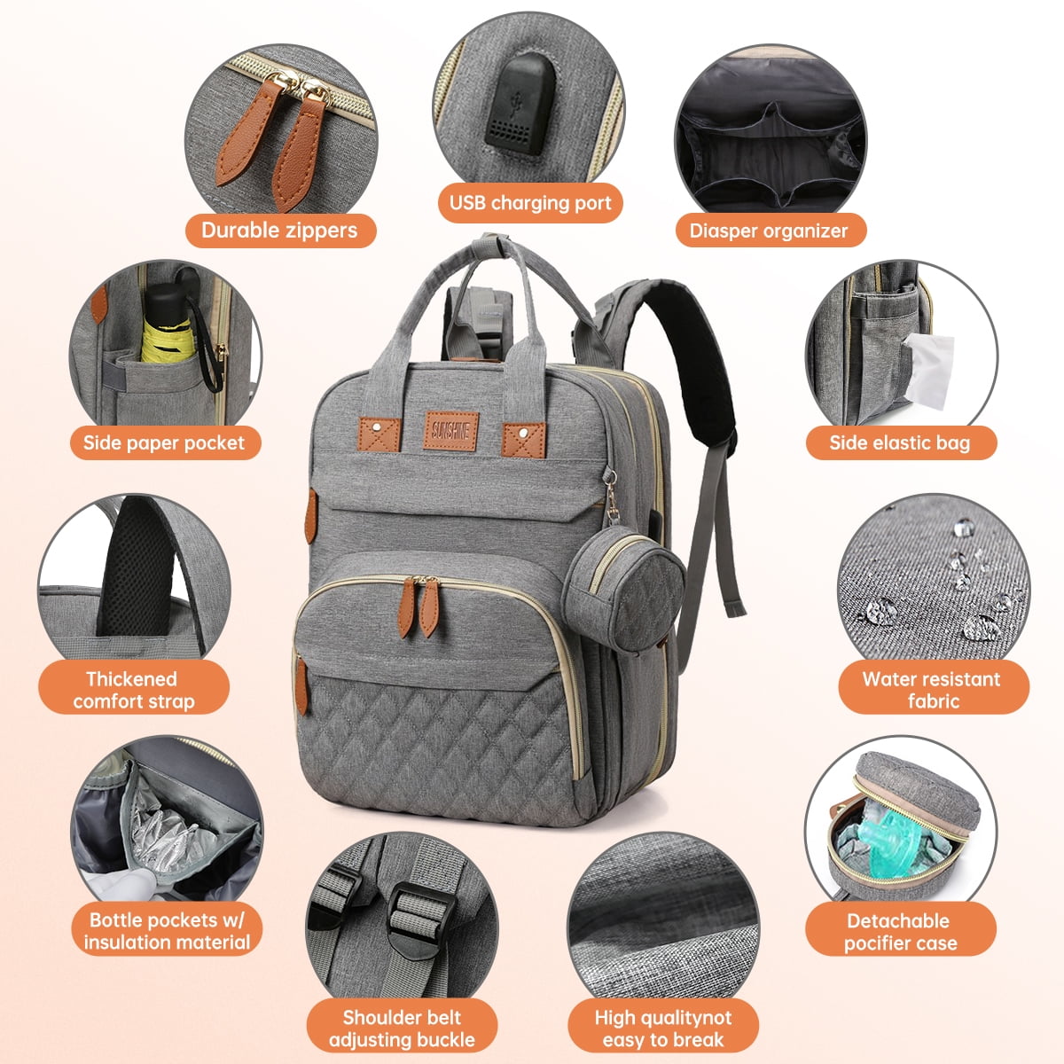 thumbnail image 4 of Diaper Bag Backpack, Multifunction Diaper Bag Backpack with Changing Station, USB Charging Port & Foldable Crib, Large Capacity Travel Backpack w/Sunshade&Pacifier Case&Stroller Straps(Grey), 4 of 7