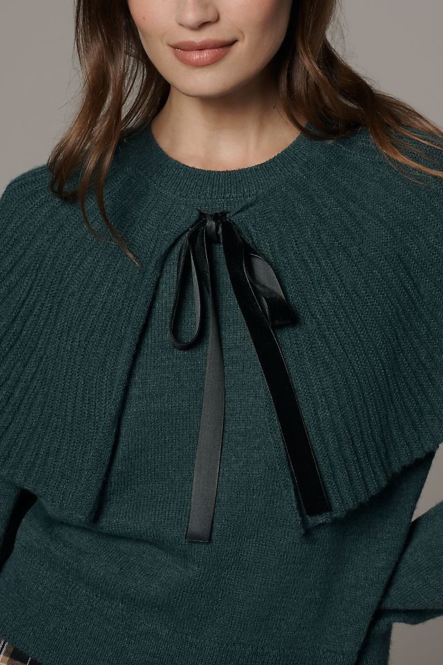 Anthropologie Maeve Tie-Neck Ribbed Cape Sweater