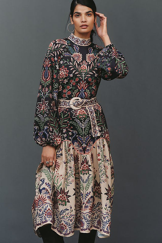 Anthropologie Farm Rio High-Neck Long-Sleeve Midi Dress