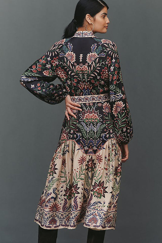 Anthropologie Farm Rio High-Neck Long-Sleeve Midi Dress