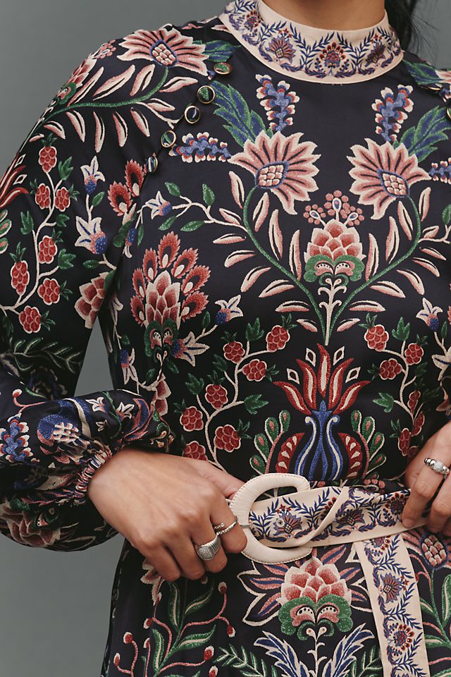 Anthropologie Farm Rio High-Neck Long-Sleeve Midi Dress