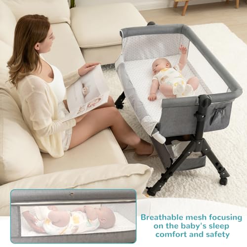 3 in 1 Baby Bassinet, Bedside Sleeper with Storage Basket and Wheels, Bedside Crib for Baby, Adjustable and Movable Baby Cradle with Mosquito Nets, Easy Folding Baby Bed (Grey)