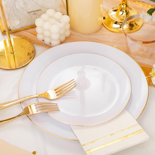 Festiva 176Pcs White and Gold Plastic Plates - White Plastic Plates with Gold Rim 25Guest include 25Dinner Plates 25Dessert Plates 25Cups 25 Cutlery 25Napkins for Thanksgiving Party&Wedding&Christmas