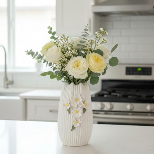 Amazon White Vase - Modern Boho Vases for Centerpieces, Minimalist Decorative Flower Vase for Pampas Grass, Dining Room Table, Shelf, Bathroom Decor, 9 Inch