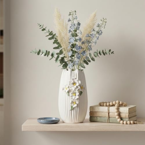 Amazon White Vase - Modern Boho Vases for Centerpieces, Minimalist Decorative Flower Vase for Pampas Grass, Dining Room Table, Shelf, Bathroom Decor, 9 Inch