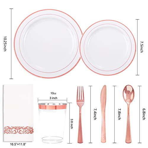 700 PCS Rose Gold Dinnerware Set-200 Rose Gold Plastic Plates-300 Rose Gold Disposable Silverware-100 Disposable Cups 10 oz-100 Paper Napkins,White Plates Rose Gold Rim for Party & Wedding