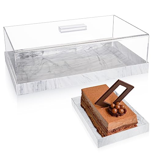 Dandat Rectangular Cake Stand with Lid Acrylic Cake Tray with Cover Multifunctional Cake Plate Pastry Display Case Rectangle Cake Platter Dessert Holder Tray for Kitchen Wedding Home (Marble Color)