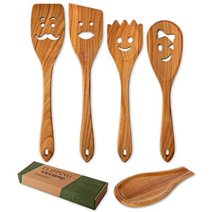 MFC 4-Piece Wooden Cooking Spoons with Spoon Rest - Kitchen Spatula Set from Natural Cherry Wood - Wooden Spoons for Cooking - Funny Wooden Utensil Set - Cooking Multipurpose Wooden Utensils