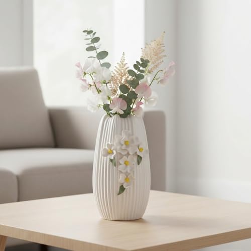 Amazon White Vase - Modern Boho Vases for Centerpieces, Minimalist Decorative Flower Vase for Pampas Grass, Dining Room Table, Shelf, Bathroom Decor, 9 Inch