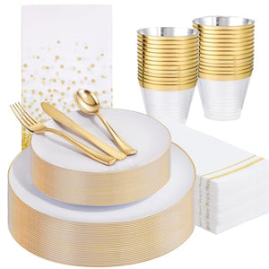 Festiva 176Pcs White and Gold Plastic Plates - White Plastic Plates with Gold Rim 25Guest include 25Dinner Plates 25Dessert Plates 25Cups 25 Cutlery 25Napkins for Thanksgiving Party&Wedding&Christmas