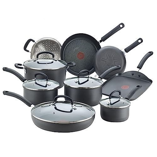 T-fal Ultimate Hard Anodized Nonstick Cookware Set 14 Piece Oven Safe 400F, Lid Safe 350F Pots and Pans, Dishwasher Safe Black