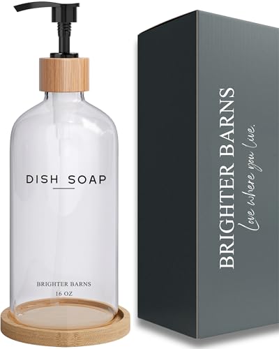 Clear Glass Dish Soap Dispenser for Kitchen Sink by Brighter Barns - Kitchen Soap Dispenser Set with Bamboo Tray - Modern Kitchen Decor and Accessories, Minimalist Decor, Neutral Home Decor (Clear)