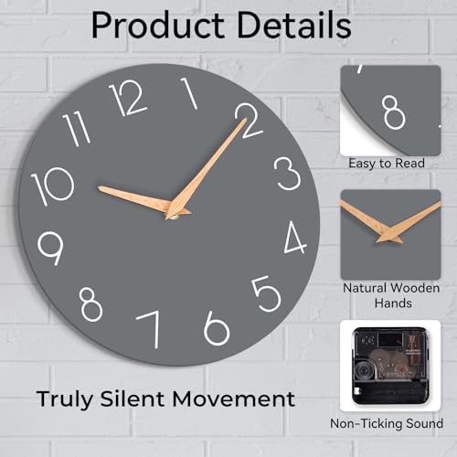 Clip coupon - Wall Clock, Gray Wooden Silent Non-Ticking, Decorative Battery Operated Wall Clocks for Bedroom, Kitchen, Home, Living Room, Office, School, Hotel (8 Inch)