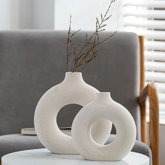 Walmart Puseky Nordic Style Ceramic Vase Set of 2, White Ceramic Vase for Home Decor, Modern Farmhouse Donut Shape Flower Vase for Bookshelf