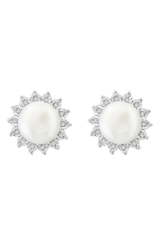 EFFY Sterling Silver Freshwater Pearl Diamond Halo Stud Earrings