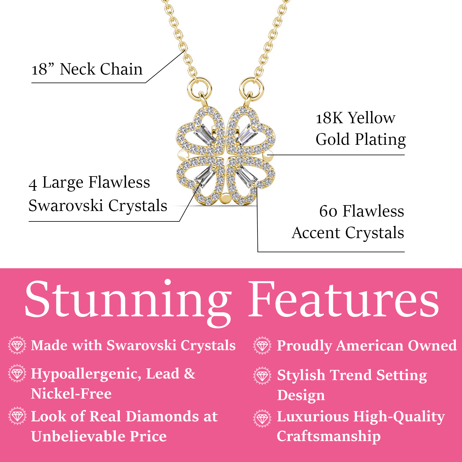 thumbnail image 2 of Cate & Chloe Kendra 18k Yellow Gold Plated Heart Clover Necklace with Swarovski Crystals for Women, 2 of 10