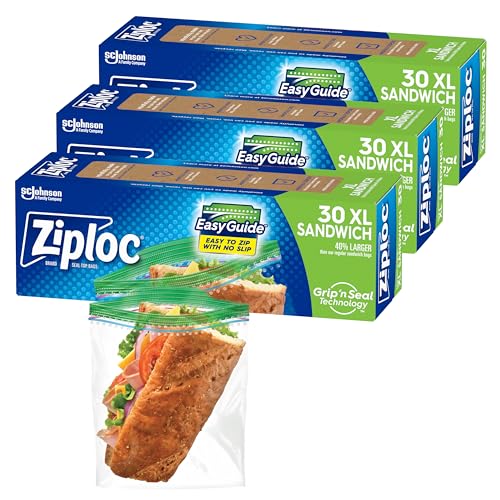 Ziploc XL Sandwich and Snack Bags with EasyGuide Texture, Plastic Storage Bags with Grip 'n Seal Technology, 90 Bags Total