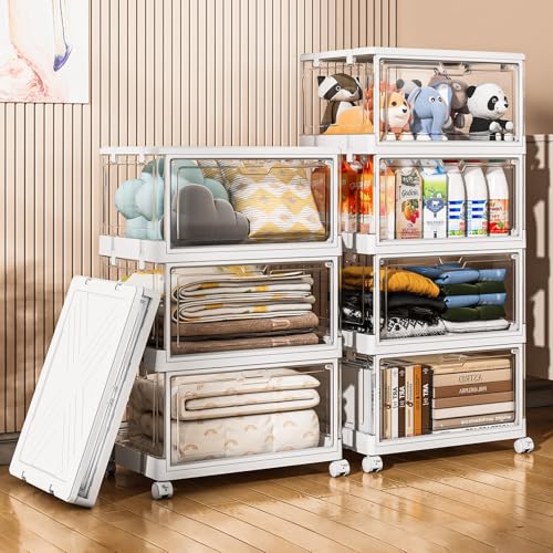 SNSLXH Clear Storage Bins with Lids & Wheels, Stackable Plastic Craft Containers, Large Closet Organizers Box for Bedrooms Living Rooms 24 QT, 4-Tiers